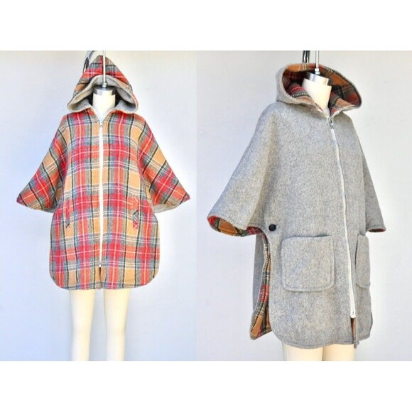 Vintage Jackets & Blazers - REVERSIBLE Hooded Poncho - Wool Cloak Cape - Woodland - Reversible Cape OS